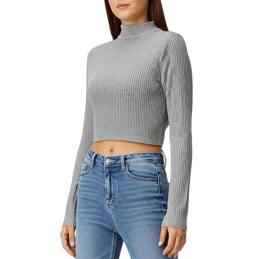 NO BOUNDARIES Grey Cropped Ribbed Mock Neck Long Sleeve Sweater Womens Small